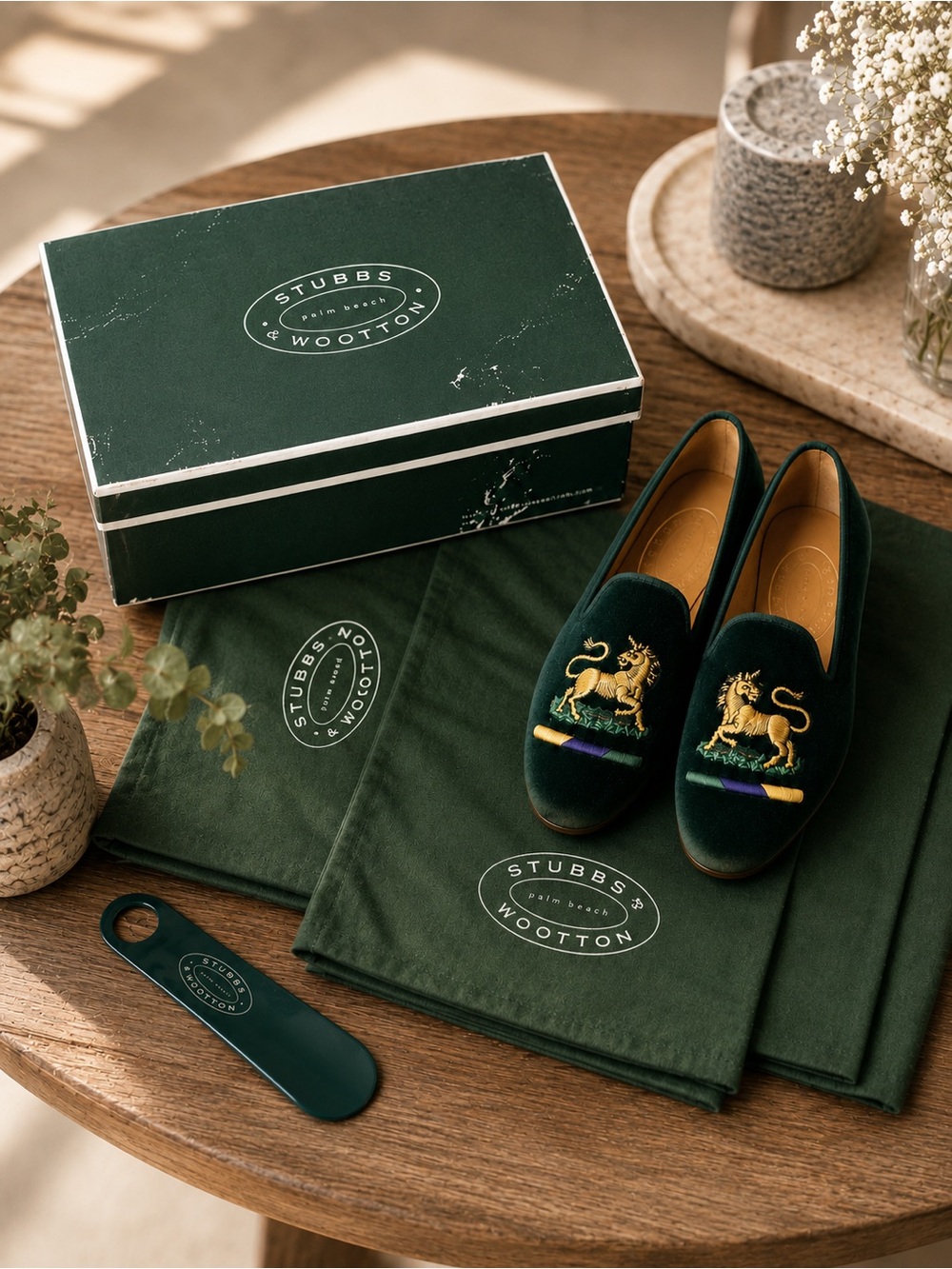 PRISTINE Stubbs & Wootton "Unicorn" Velvet Loafers - Hunter Green 6B - Full Set
